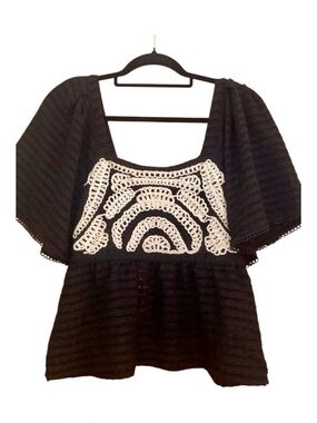 Anthropologie Sarah Hann Black Embroidered Peplum Blouse Boho NWT SP